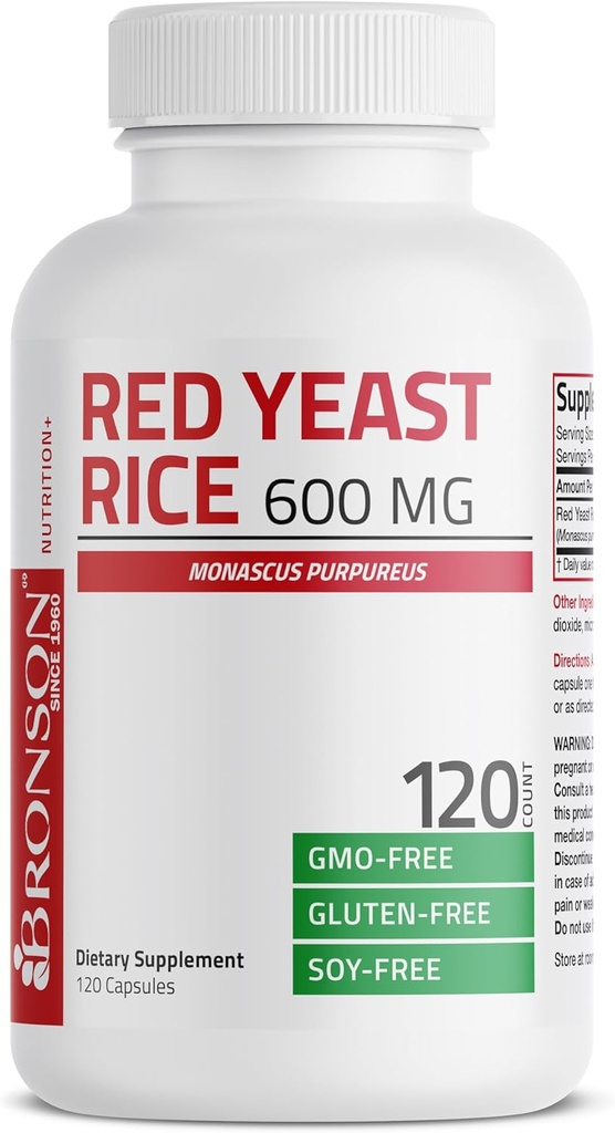 Bronson Red Yeast Rice 600 MG Monascus Purpureus Herbal Health, ei-GMO, 120 kapselia