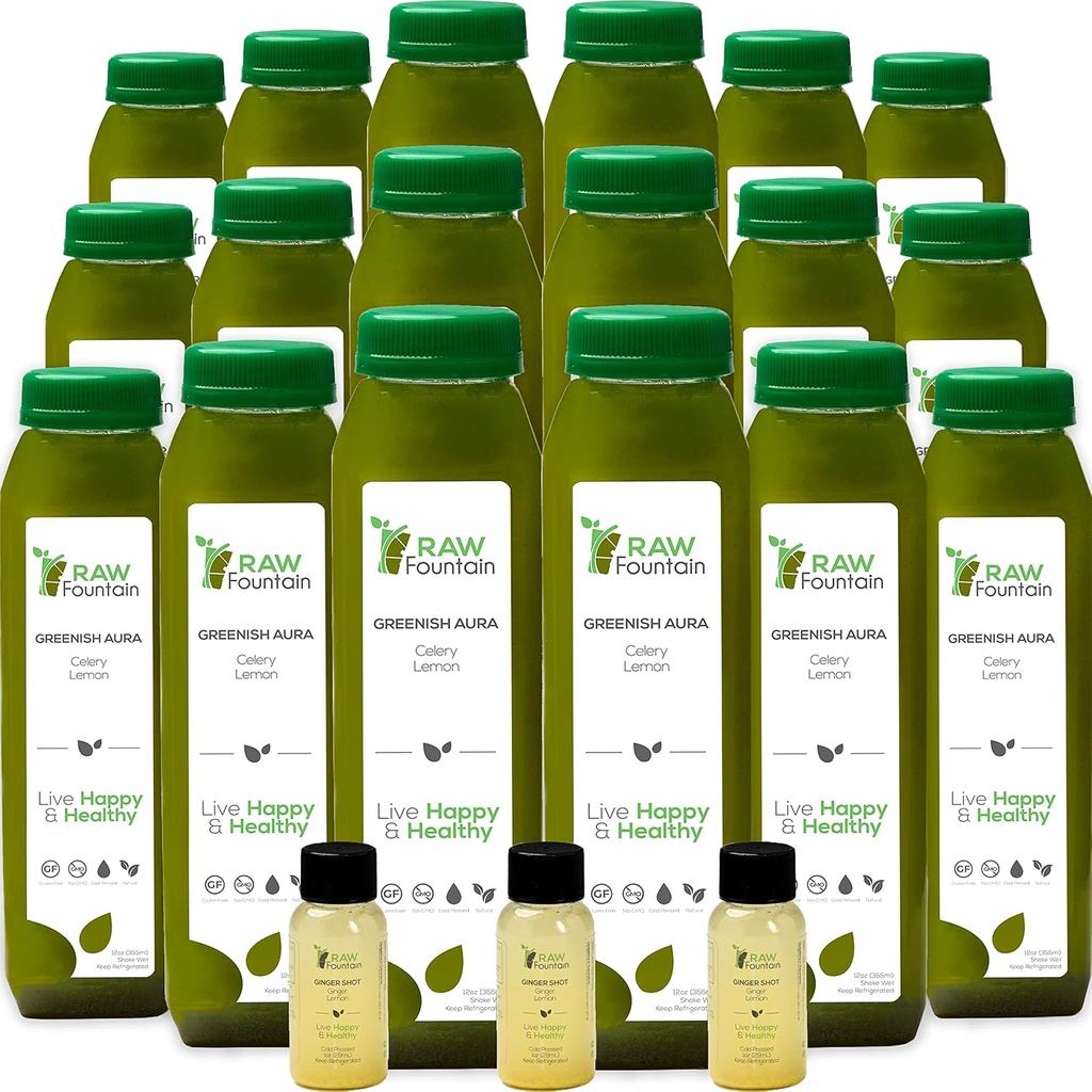 Selleri Juice Cleanse by Raw Fountain, All Natural Raw, Cold Pressed Juices, Aamu Detox Cleanse, 30 pullot 12oz, 5 Bonus Ginger Shots