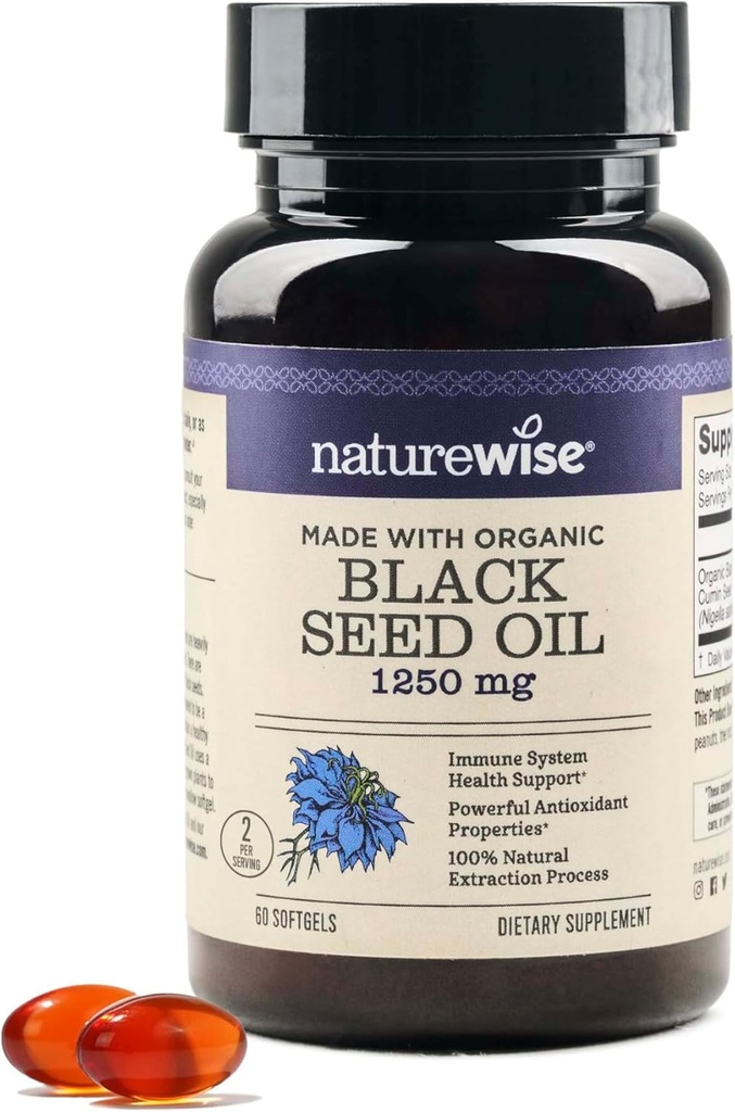 NatureWise Black Seed Oil Softgels 1250 mg - 100% Organic Cold Pressed Nigella Sativa - Omega 3 6 9 - Antioksidantti Immuunituki, hiukset ja iho - ei-GMO, Gluteeniton - 60 Softgels[1-Kuukauden tarjonta]