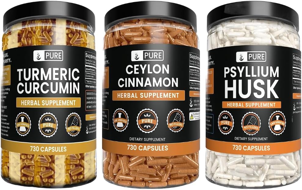 PURE ORIGINAL INGREDIENTS Ceylon Cinnamon, Psyllium Husk och Turmeric Capsule Bundle (730 kapslar vardera), No Magnesium eller Rice Fillers