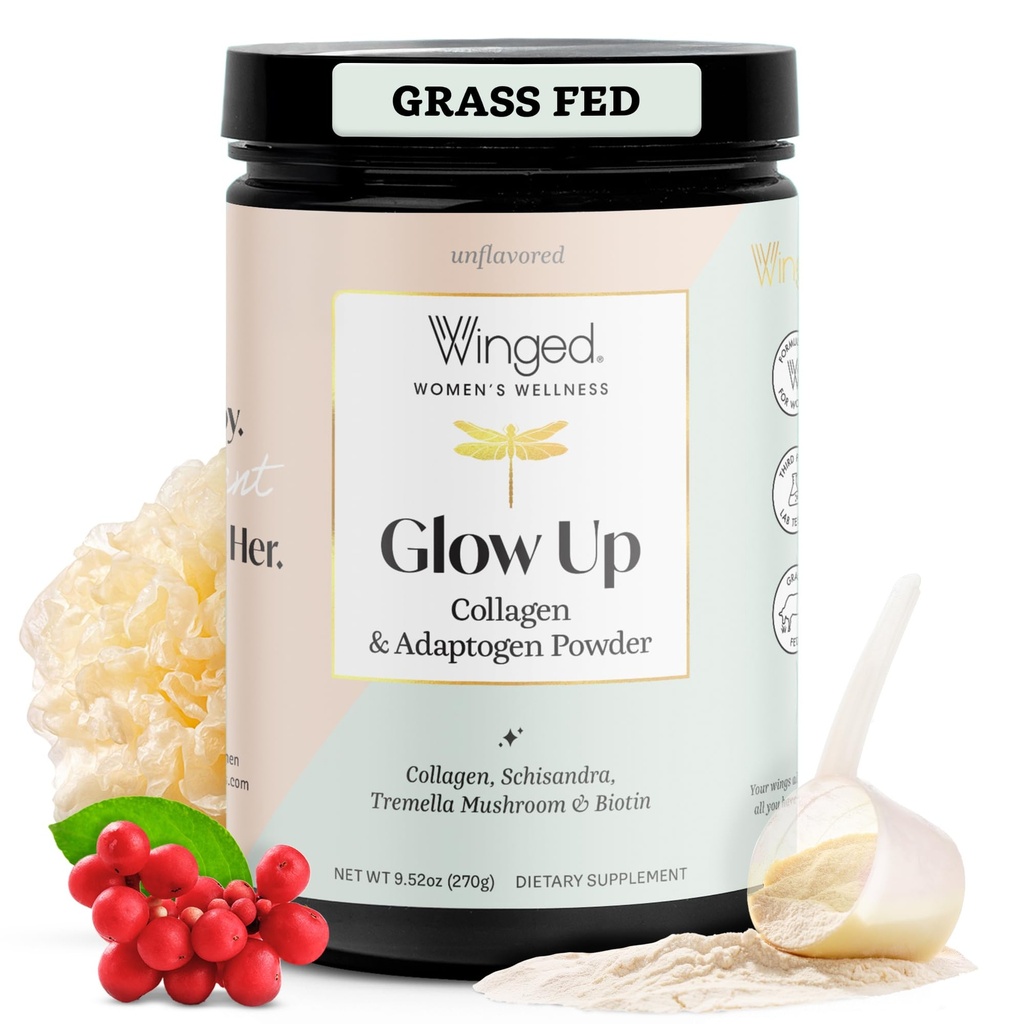 Winged Wellness Glow Up, Collagen Powder for Women - Hiukset, iho ja kynnet Kauneus täydentää kanssa Grass-Fed Hydrolysed Collagen Peptides Adaptogens, C-vitamiini & Biotiini - 25 Tarjoukset, Makuttomia