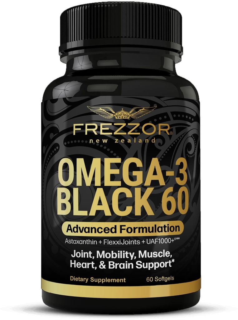 FREZZOR Omega 3 Black for Joint Care & Comfort - Uusi-Seelanti Green Lipped Mussel Oil kapselit; 53x Korkeampi Potenssi UAF1000+ Super antioksidantti, Ei Fishy Jälkimaku, 1-Pack, 60 Softgels