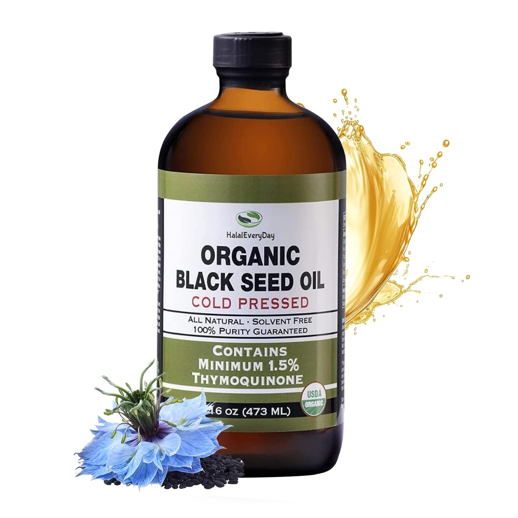 HalalEveryDay Organic Black Seed Oil - USDA Certified, Cold Pressed Glass Bottle 16oz - Över 1,5% Thymoquinone turkisk svart kumin Nigella Sativa Non-GMO 100% ren Blackseed Oil
