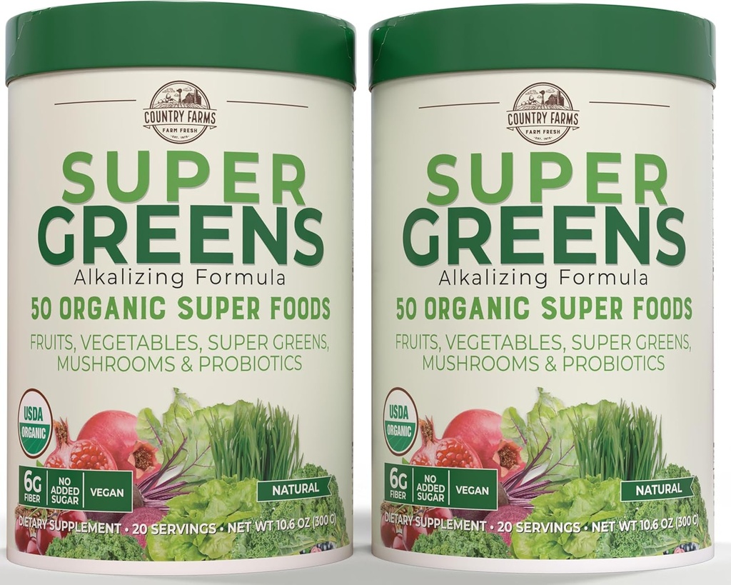 Maatilat Super Greens Natural Flavor, 50 Organic Super Foods, USDA Organic Drink Mix, Hedelmät, Vihannekset, Super Greens, Sienet & Probiootit, Tukee energiaa, 40 Tarjoilut, 10.6 Oz, 2 Pack
