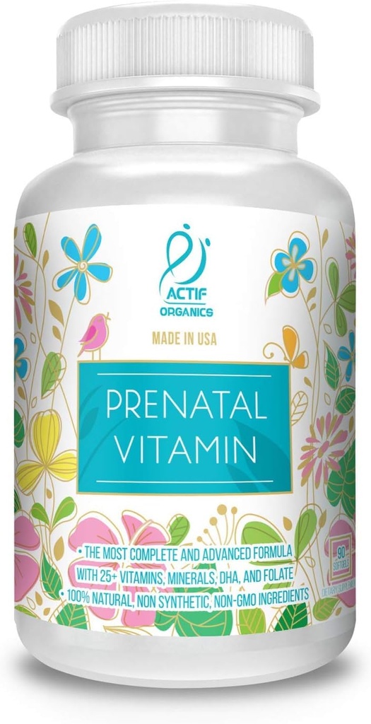 ACTIF Organic Prenatal Vitamiini 25+ Organic Vitamiinit, 100% Natural, DHA, EPA, Omega 3, ja Organic Herbal Blend - ei-GMO, 90