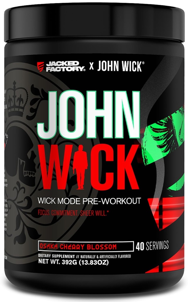 Jacked Factory X John Wick - Wick Mode Pre Treenout Powder - Intense Energy, Battle-Ready Focus, pysäyttämätön sitoutuminen, ja Sheer Will - 40 Palvelee, Osaka Cherry Blossom