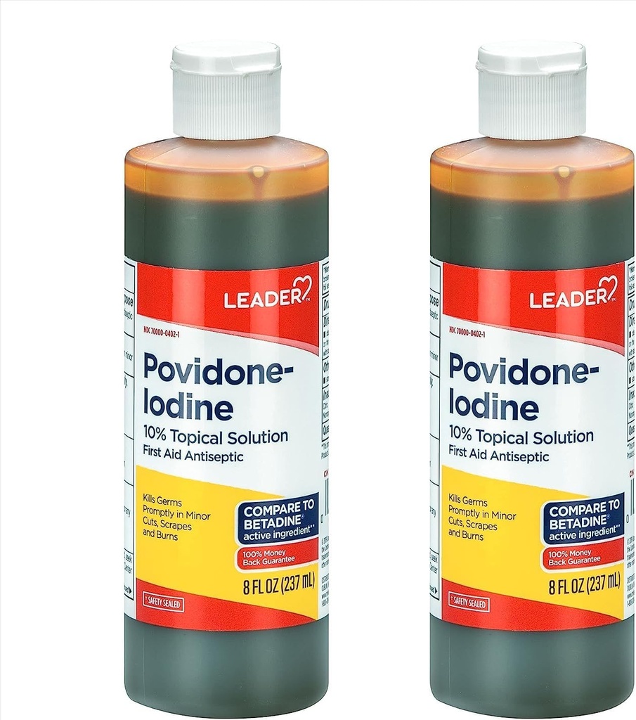 Leader Povidoni Jodi 10% Prep Solution USP, Ensiapu Antiseptinen haavanpuhdistusaine, Haavapesu, Antiseptinen saippua (8 Fl Oz, pakkaus 2)