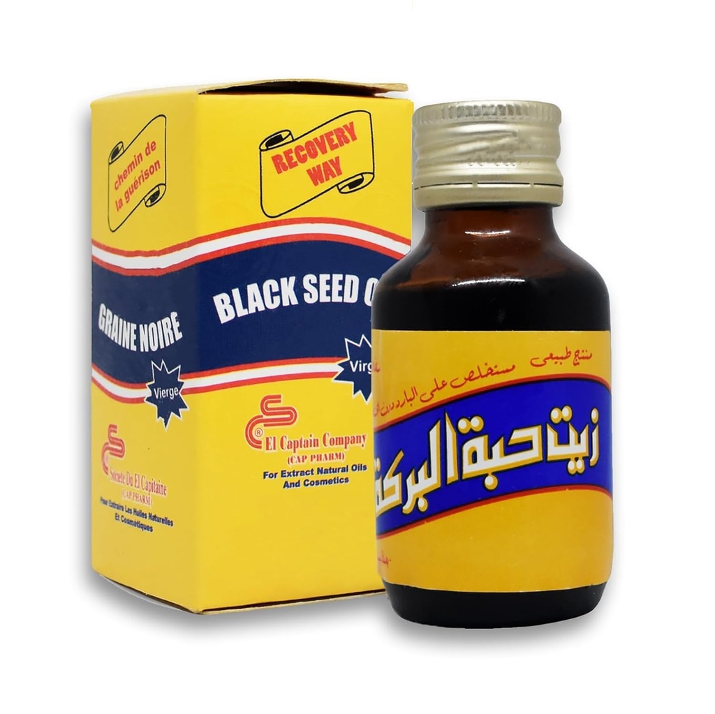 EGYPT VIETÄ Puhdas kylmäpuristettu musta siemenöljy ElCaptain Al Kapteeni Pure Natural Raw Nigella Sativa Halal (2.11 oz/60 ml)