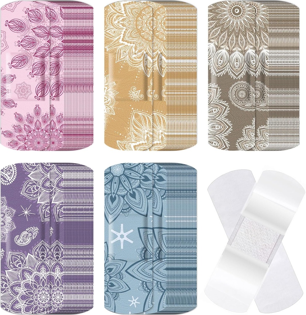 120 Pcs Fabric Adhesive Flexible Bandages Bulk Assorted Shapes and Patterns Small Colorful Pretty Fabric Bandages with Non Stick Pad 3 x 1 Inch for Cuts Wound Scrapes Women (Mandala)