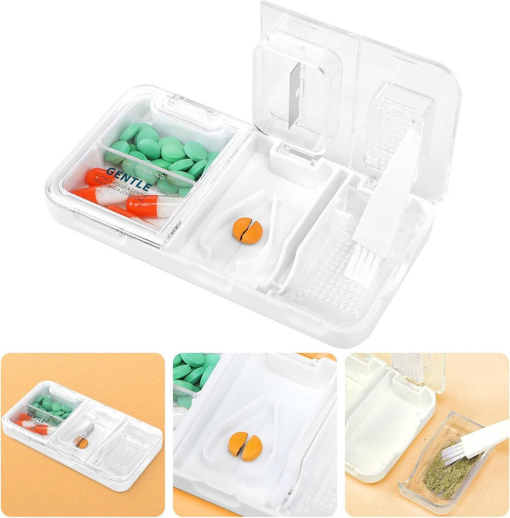 Toplive Portable 3-i-1 Pill Cutter och Pill Grinder och Pill Holder, Accurate Easy Cutting, Medication Crusher för små stora piller, vitamin tabletter Splitter för äldre barn Pets, White