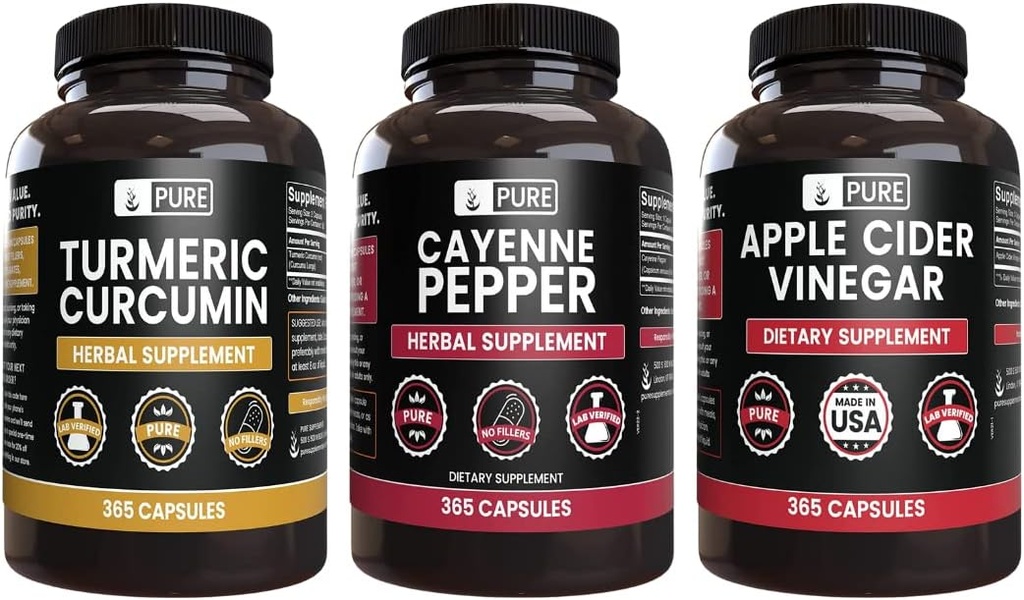 PURE ALKUPERÄISET AINEET Cayenne Pippuri, Kurkumiini, omenasiideri Viinietikka Bundle (365 kapselia)