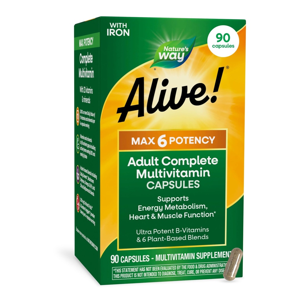 Naturens väg levande! Max6 Potency Adult Complete Multivitamin, med järn, vitamin A, C, E & B-Vitaminer Inklusive Methylated B12 & Folate, Stöder Energi Metabolism *, 90 kapslar (Packaging May Vary)