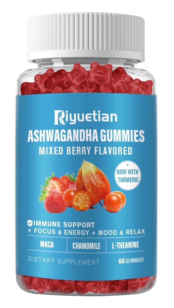 Ashwagandha Gummies for Women & Men - Stressin lievittäminen, Immuunituki & lisääntynyt energia - Sokeriton, Vegaani - Organic Ashwagandha juurilisät Gummy-Luonnollinen mansikka maku (60 kreivi)