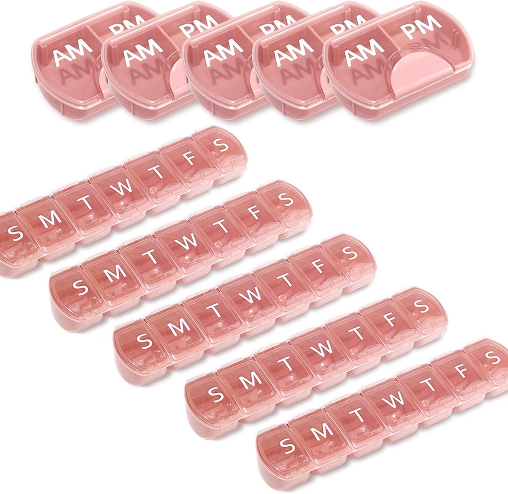 10 Pack (Weekly & Daily), 2 gånger om dagen (AM / PM) + 7-dagars Pill Organizer, Vitamin Planner, Large Capacity Pill Box Set, Travel Pill Case för medicinering / vitaminer / fiskoljor / tillägg, rosa