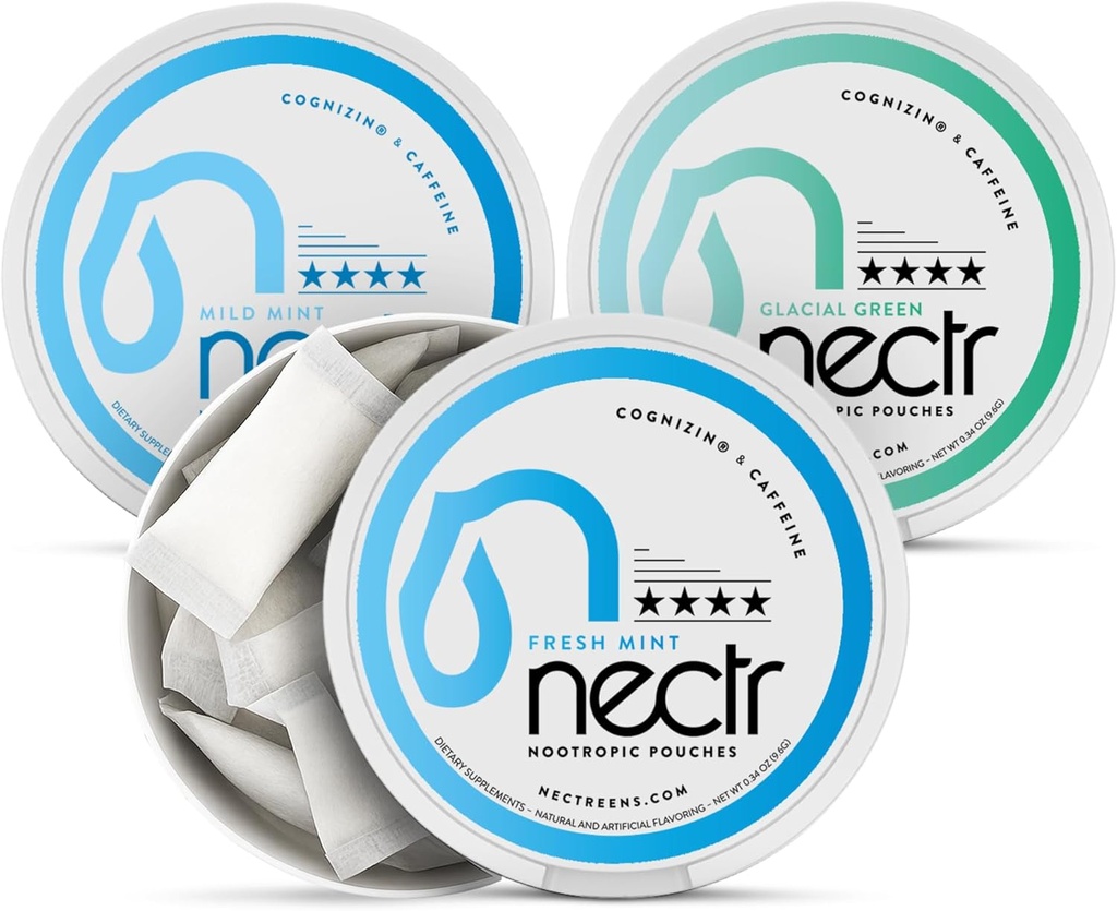 Nectr Energy Nootropic Puches Mint Mix - Kofeiini Pussit Cognizin Citicoline. 3 Makuja: Mild and Fresh Mint, ja Glacial Green. Sokeriton, nikotiiniton, rauhallinen & energialisä