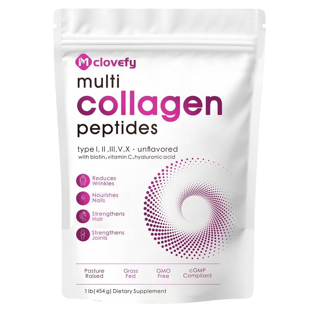 Multi Collagen Peptides Powder, 16 Oz (41 Servings) - Proteiinilisä, tyyppi I, II, III, V, X hyaluronihappo, C-vitamiini ja Biotiini, makuamaton, helppo sekoittaa juomia