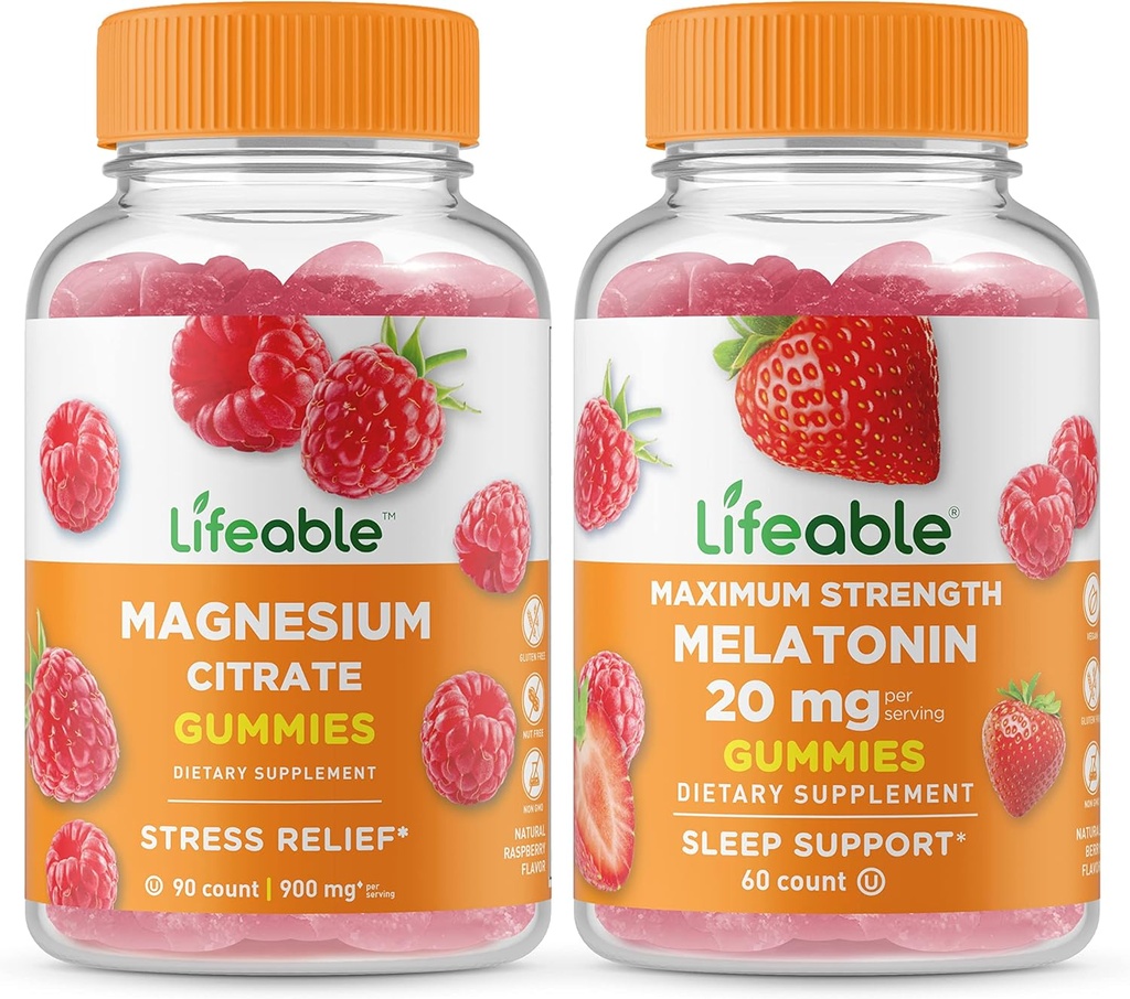 Elinkelpoinen magnesium + melatoniini 20 mg, Gummies Bundle - Suuri maku, vitamiini täydentää, gluteeniton, GMO vapaa, purukumi