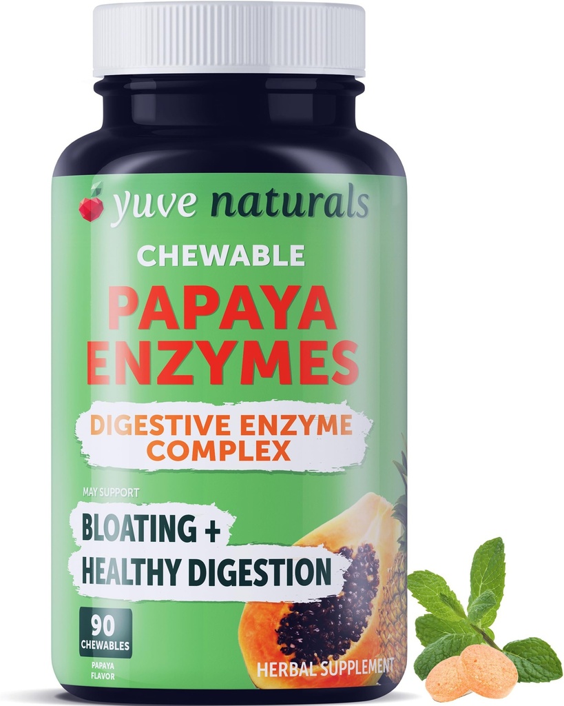 Yuve Natural Papaya Dgestive Enzymes - Sokerittomia purukumia - Edistää parempaa digestiota - Ummetusta ja turvotusta Aids, Detox, Vuotava Gut Repair & Gas Relief - Vegan, Ei-GMO, Gluteenittomat - 90ct