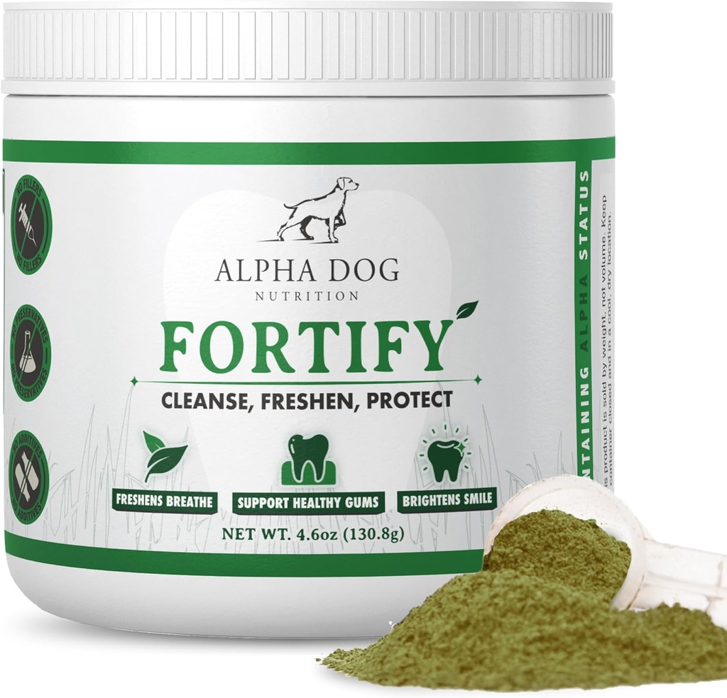 Hund tänder rengöringspulver - Fortifiera tandpulver för hundar - Plaque Remover och Freshens dålig andedräkt med färska gröna tillskott - innehåller Kelp, probiotika och andra tandrengöringsingredienser