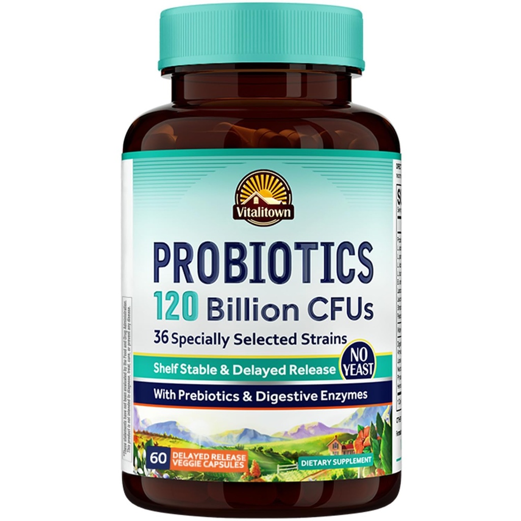 Vitalitown Probiotics 120 Billion CFUs | 36 Stammar, med Prebiotics & Digestive Enzymes | Shelf Stable | Digestive Health & Immune Support | Vegan, Non-GMO | Pack av 1 | 60 Försenade Release Veg Caps