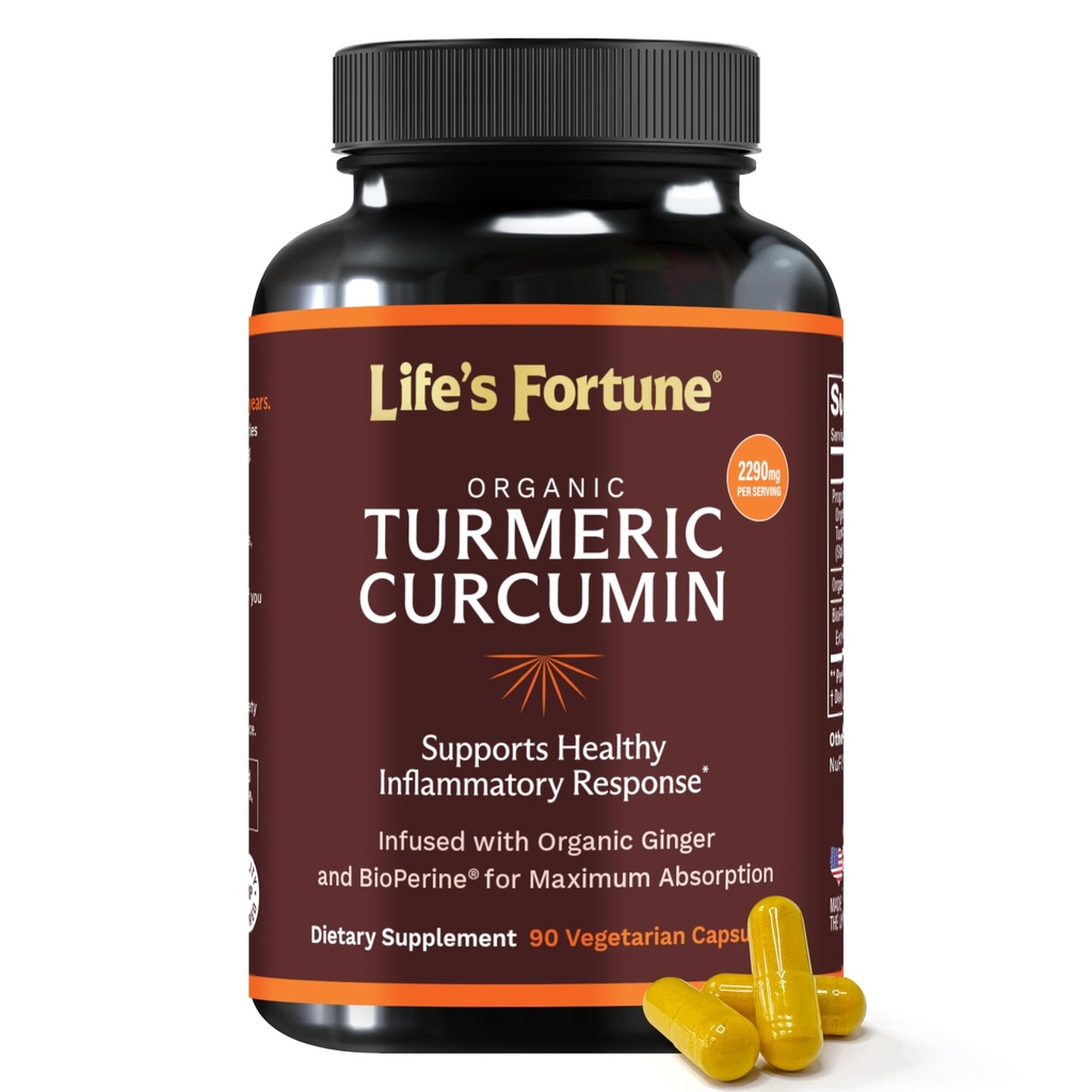 Life's Fortune Organic Turmeric Curcumin med Black Pepper och Ginger, Förbättrad Absorption, Extra Strength Supplement, Joint & Immune Support, Non-GMO, 90 Cap - 2250mg