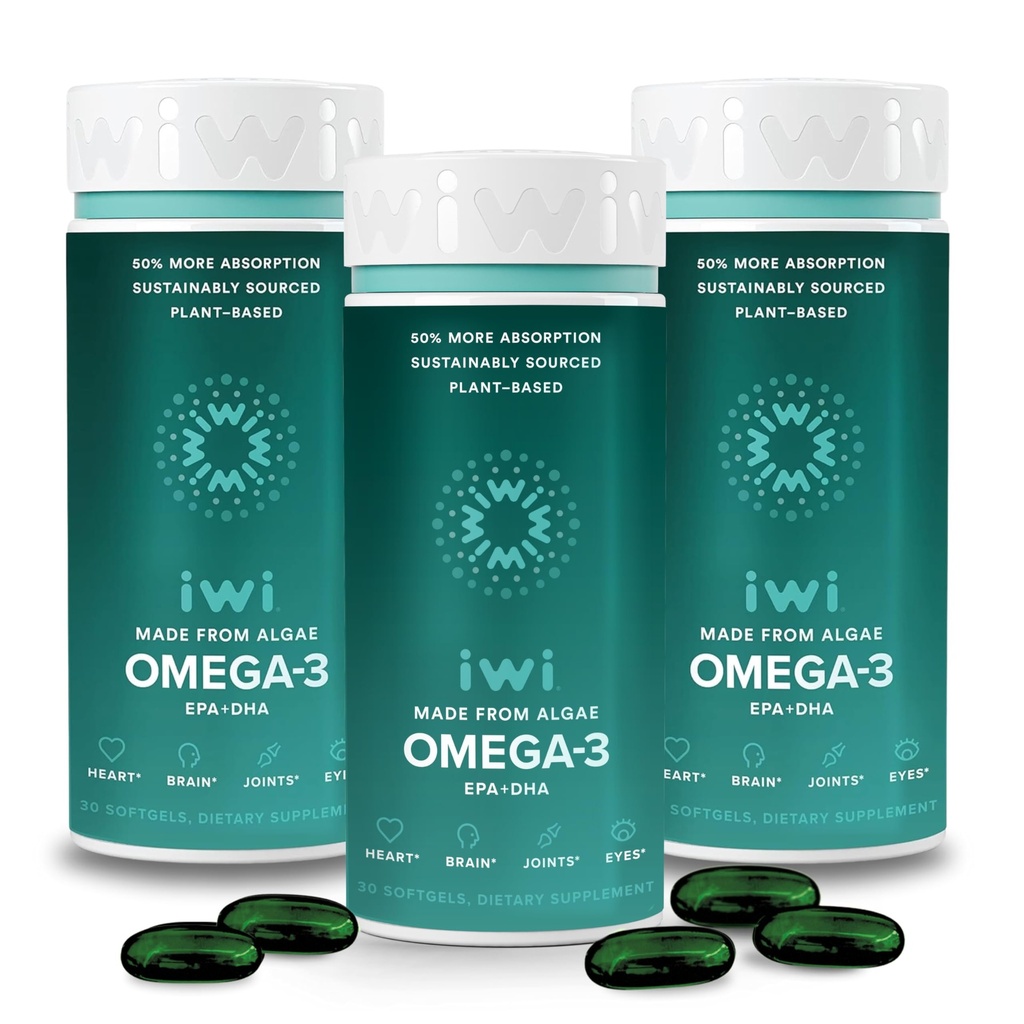 Iwi Omega-3, 90 Softgels (90 portioner), Vegan Plant-Based Algae Omega 3 med EPA + DHA, Whole-Body Support Dietary Supplement, Krill & Fish Oil Alternative, No Fishy Aftertaste