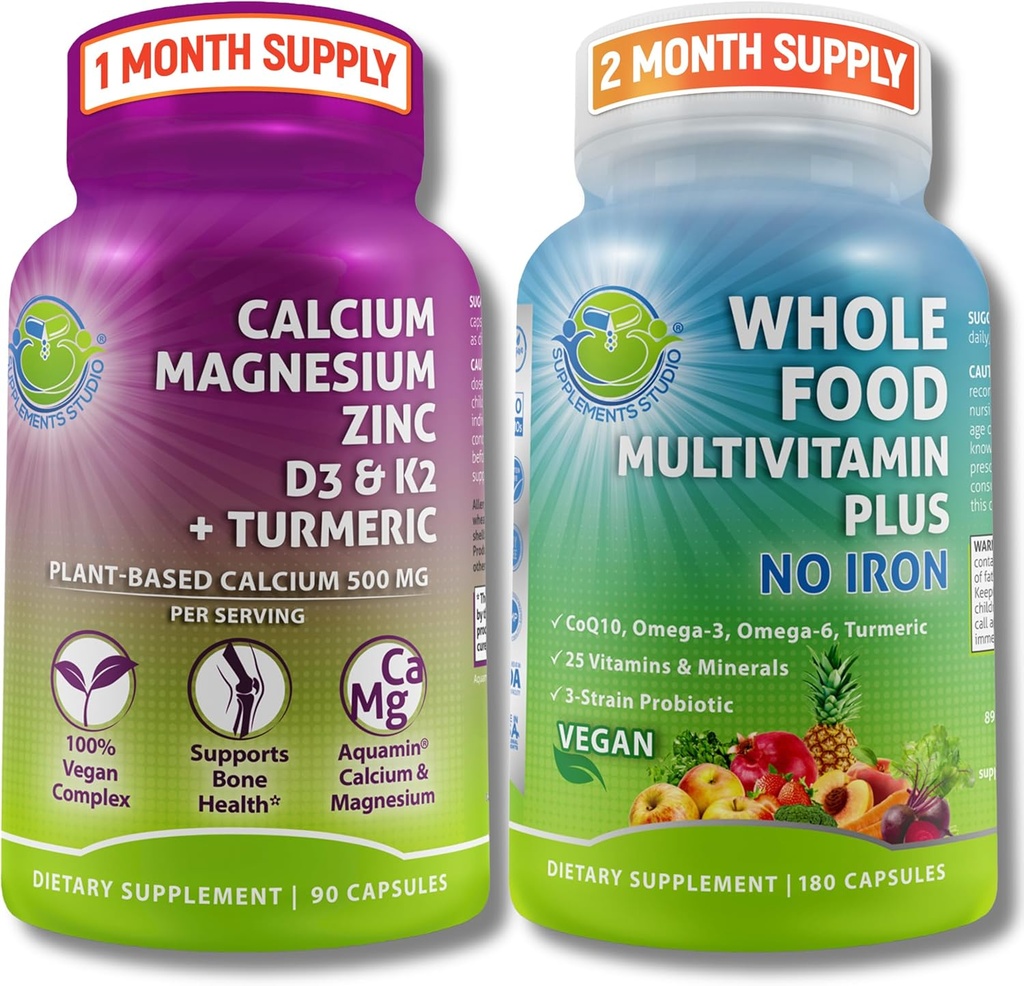 SUPPLEMENTS STUDIO Daily Immune, Bone & Energy Support Bundle för män och kvinnor - Vegan Whole Food Multivitamin utan järn och växtbaserade kalciummagnesium med D3, K2 & Turmeric - Vegan, icke-GMO