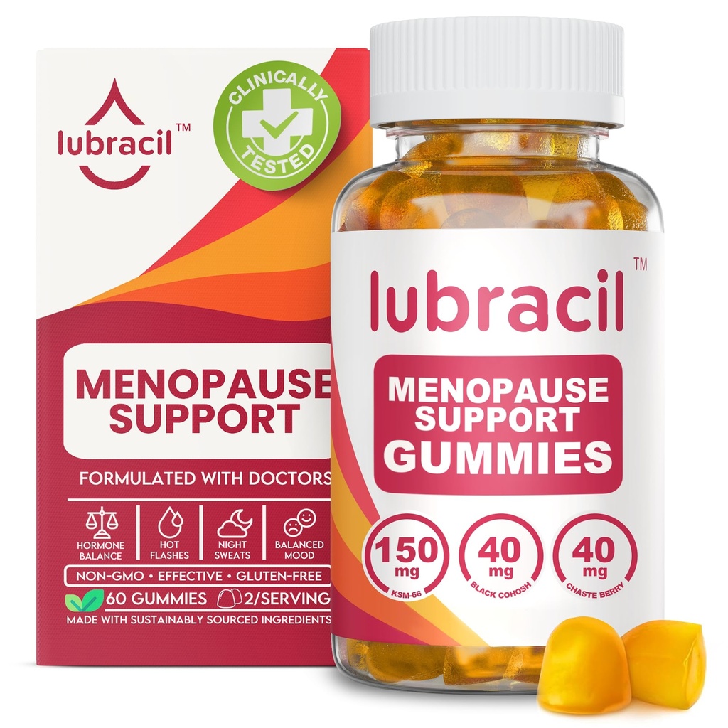 Lubracil Menopause Gummies for Women - Menopausal Lisäravinteet Hot Flashs, Night Swats, Mielood Swings ja Hormonal Balance - Päivittäin vitamiineja musta Cohosh & Ashwagandha - 60 Gummies (paketti 1)