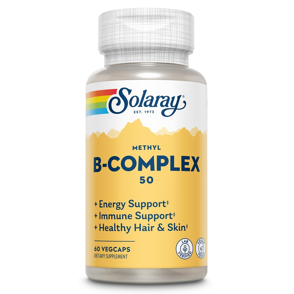 SOLARAY Metyyli B Complex 50mg - B-vitamiinikompleksi B12-, B6-, B1-, Foolihappo, Biotiini ja enemmän - Cellular Energy Supplements, Nerve Function Support - Vegan, 60 päivän takuu, 60 Servings