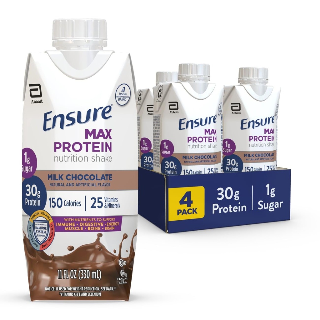 Varmista Max Protein Milk Chocolate Nutrition Shake. 30g Protein, 1g sokeria, 4g kuitua Blend. 4 pakkaus
