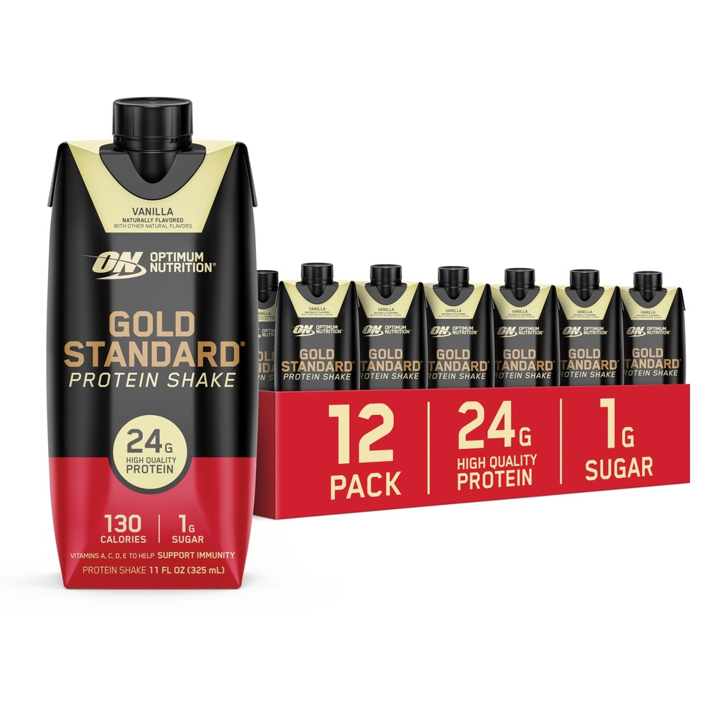 Optimum Nutrition Gold Standard Protein Shake, 24g Protein, Valmiina juomaan Protein Shake, Gluteeniton, C-vitamiinin immuunituki, Vanilla, 11 Fl Oz, 12 Count (Pakkaus 1) (Pakkaus toukokuussa Vary)