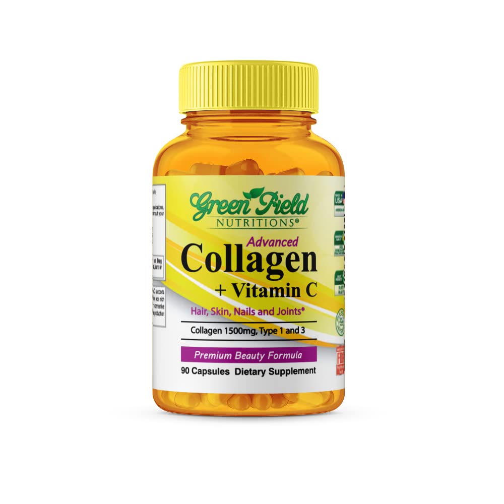 Greenfield Nutritions - Halal Collagen Peptides 1500 mg tyyppi I ja III, C-vitamiini 300 mg parempaan imeytymiseen, Halal Anti-Age Formula hiusten ihokynnet ja nivelet, Halal Vitamiinit 90 kapselia