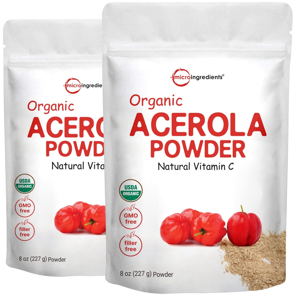 2 pakkaus puhdasta USDA Organic Acerola Cherry Powder, luonnollinen ja orgaaninen C-vitamiinia immuunijärjestelmä, 8 Ounce, Ei GMO, Ei gluteenia, Brasilia Alkuperä