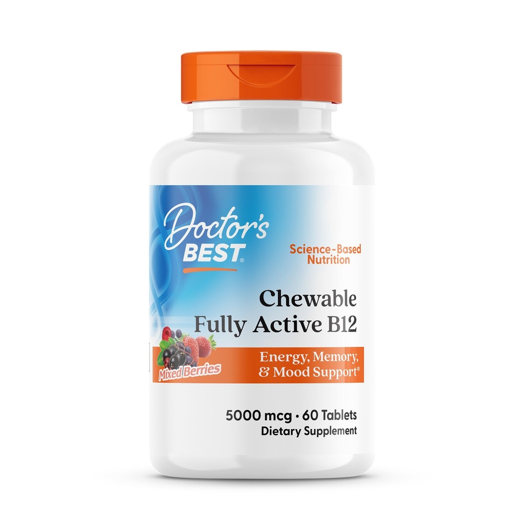 Doktorns bästa tuggbara fullt aktiva metyl B12, Methylcobalamin, energi, minne och humörstöd, icke-GMO, Gluten Free, Soy Free, Vegan 60 tabletter