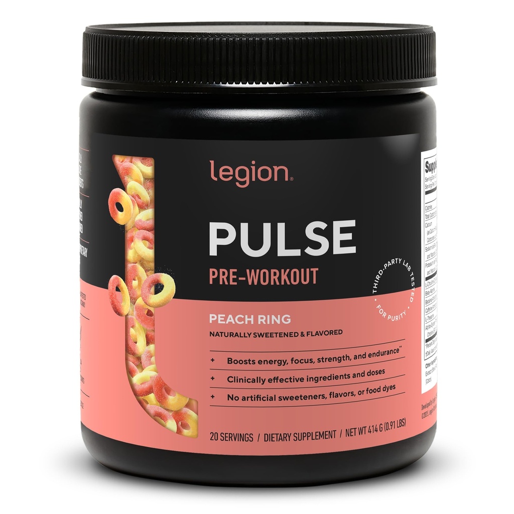 LEGION Pulse Pre Workout - All Natural Nitric Oxide Preworkout Drink för att öka energi, kreatinfri, naturligt sötad, Beta Alanine, Citrulline, Alpha GPC (Peach)