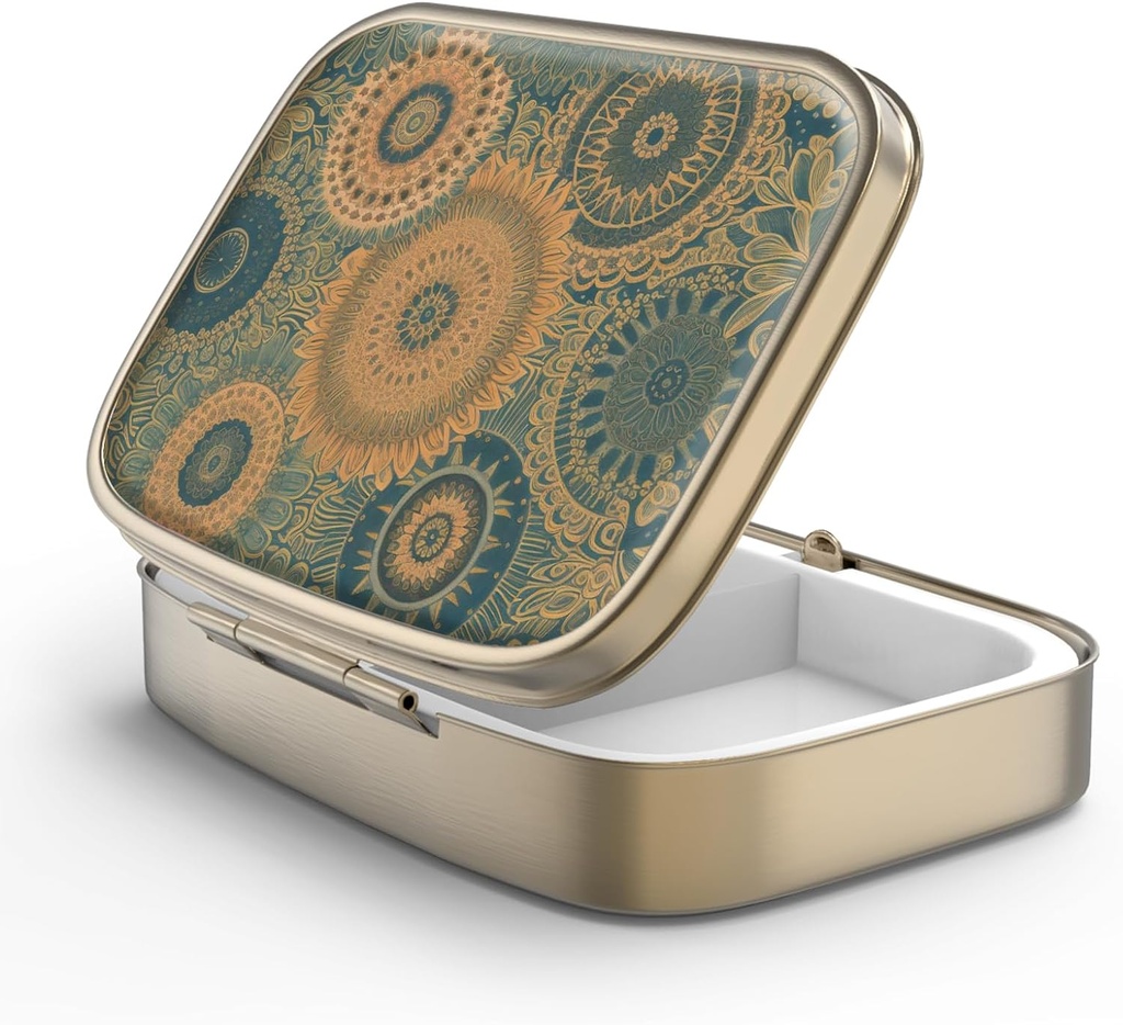 Pill Case Pill Box med Mirror Retro 2 Compartment Small Pill Case för väska eller Pocket Bronze Rectangular Pill Box eller Vitaminer, Fish Oil, Supplements, Pill Containe Travel Gifts (Retro Mandala)