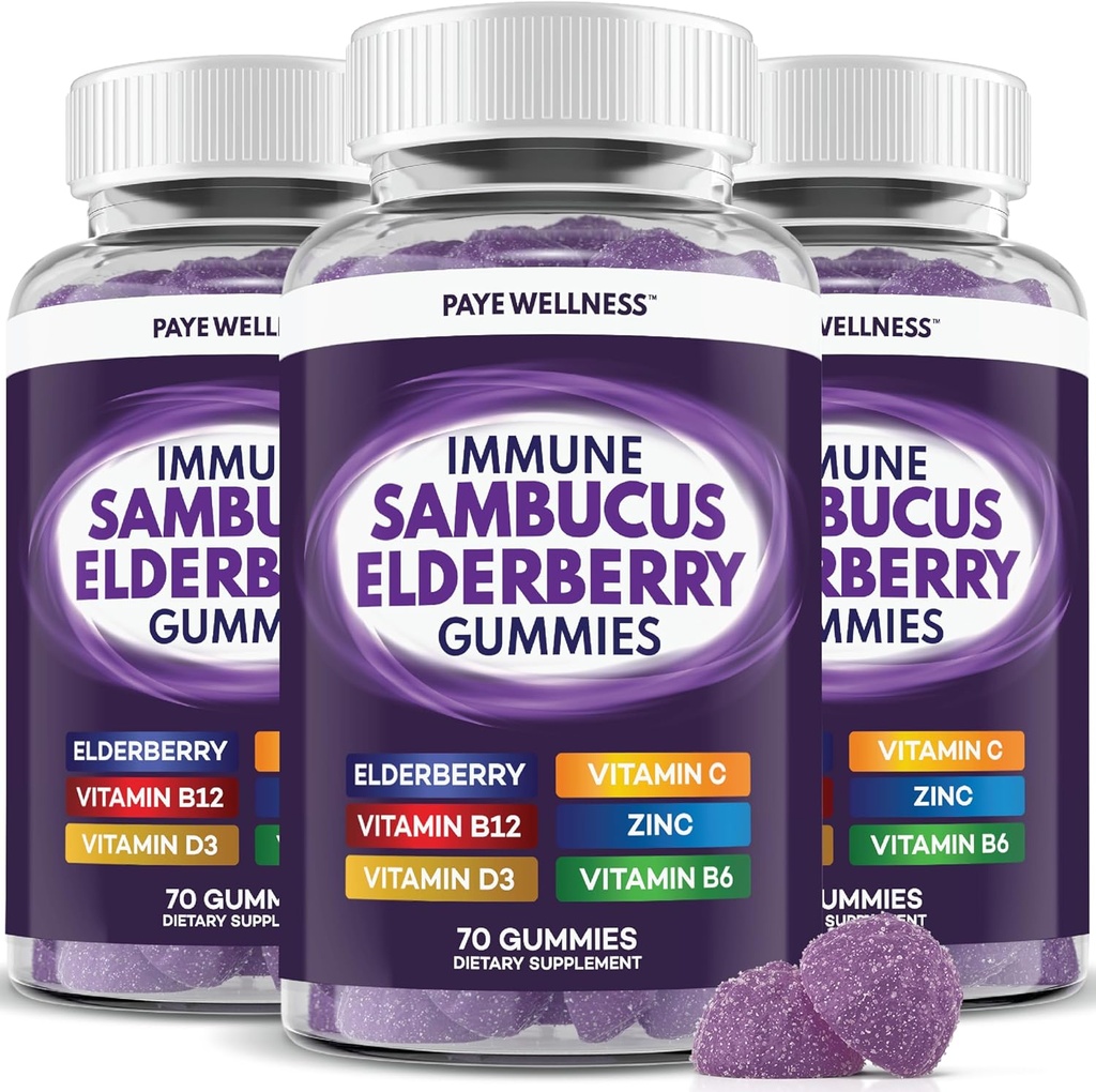 Elderberry Gummies Immune Support, Dagligt stöd för barn och vuxna *, med Sambucus Elderberry, Zink, Vitamin C, D3, B6, B12, Plus - Dietary Supplement - 210 Count