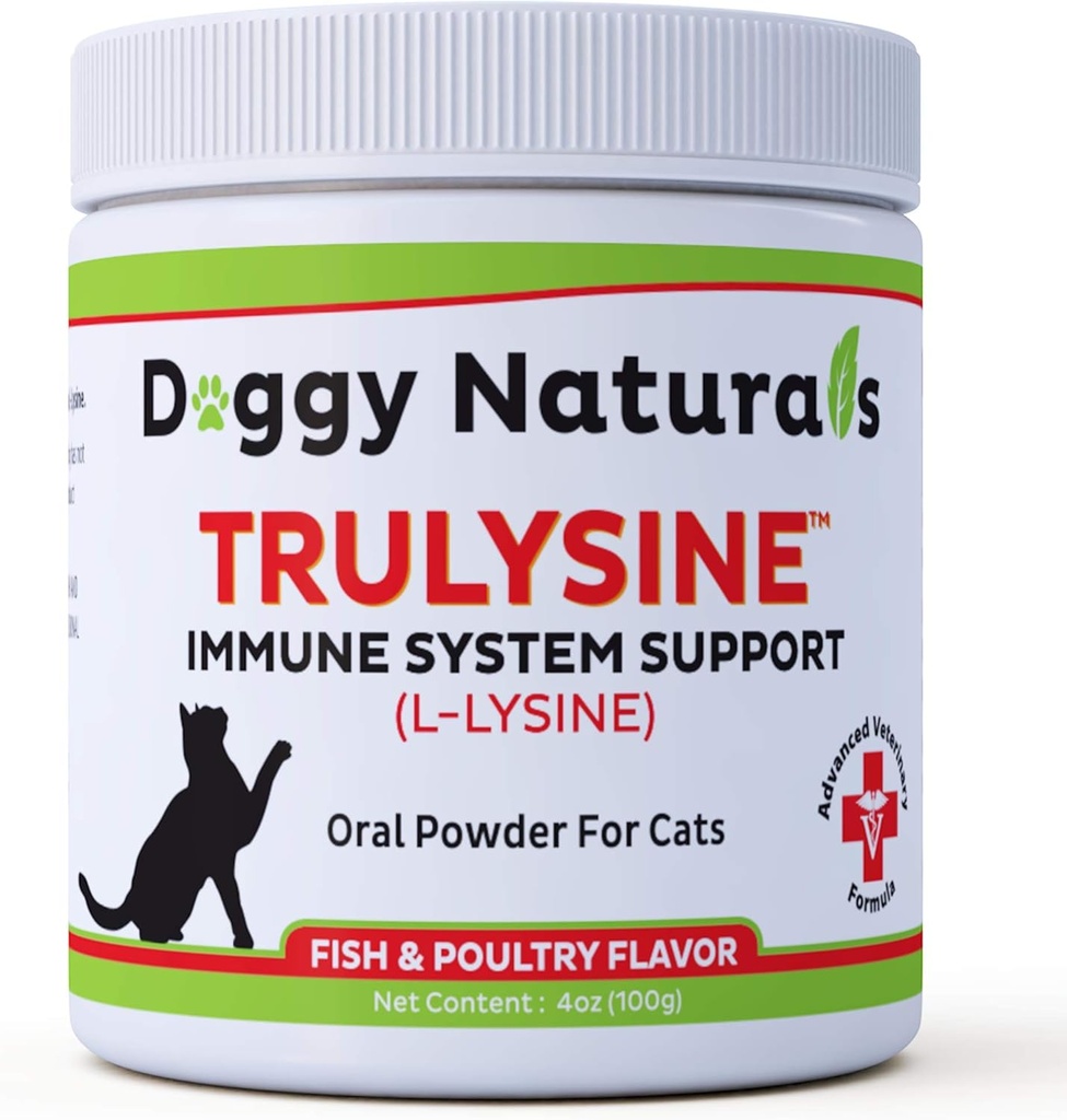 Trulysine L-Lysine for Cats Immuno Support Oral Powder 4oz/100g - Cats & Kittens of All Age, Aivastelu, Runny Nenä siristää, Watery Eyes - Fish & Siipikarjan maku (USA)(100 Grams (500 mg / Scoop))