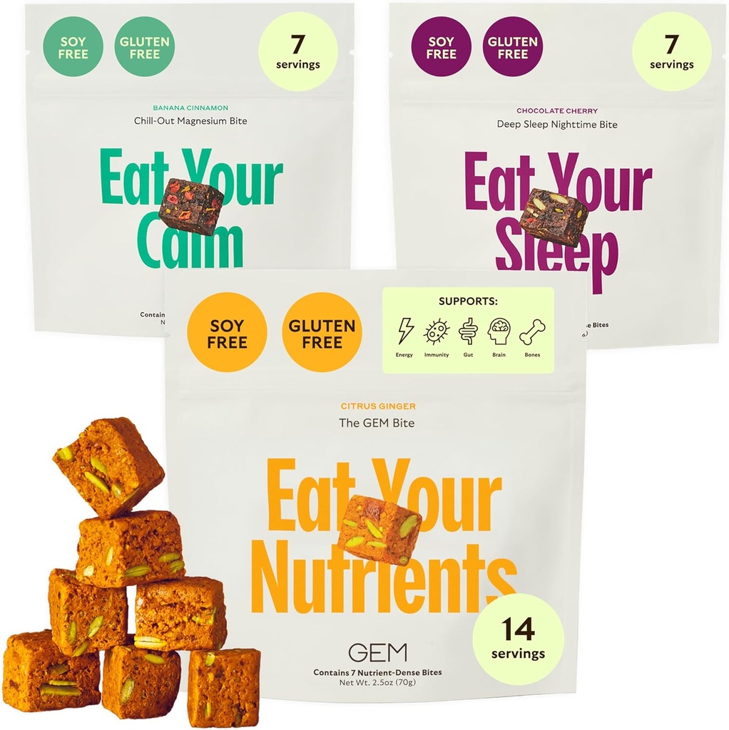 GEM purema täydellinen rutiini Variety Pack päivittäin monivitamiini (14 puremaa), Chill-Out rauhallinen (7 purtavaa) & Syvä uniapu (7 purtavaa) .
