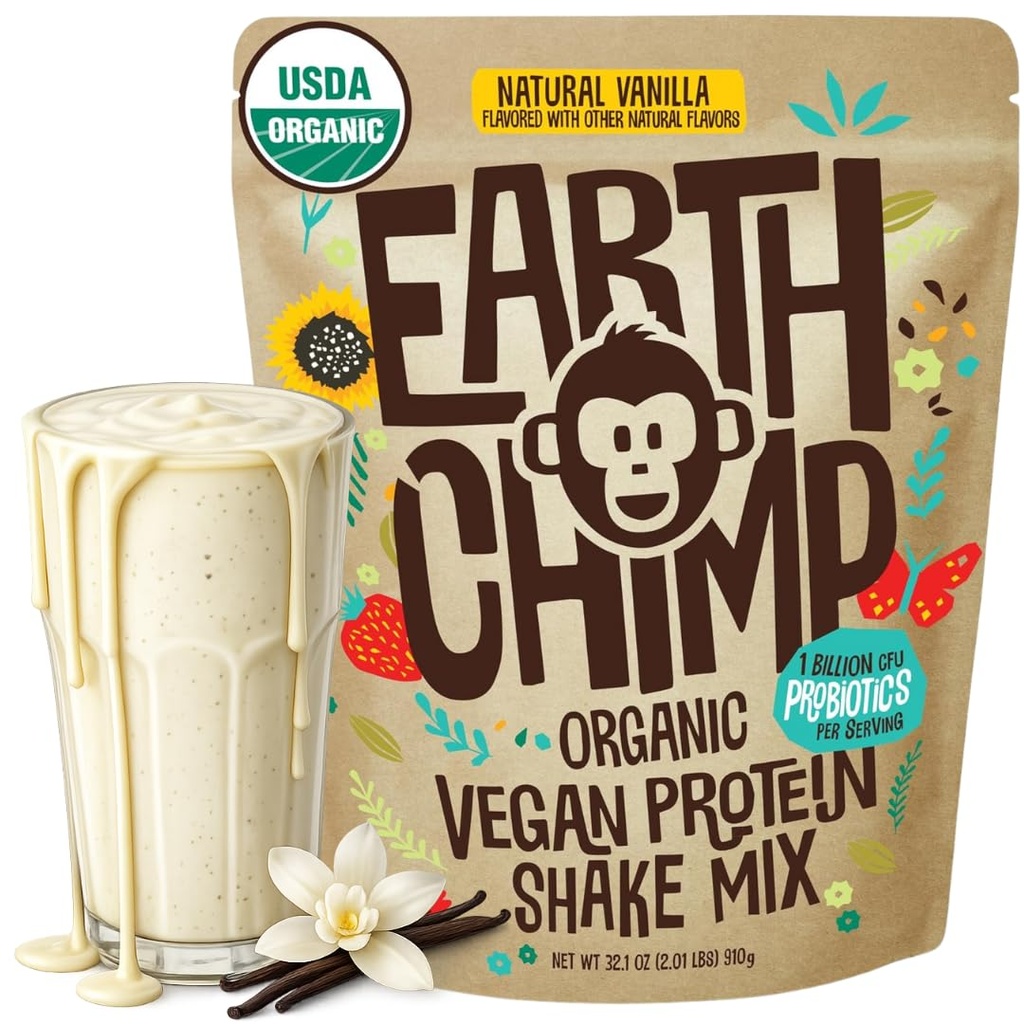 EarthChimp Organic Vegan Protein Powder - med Probiotics - Non GMO, Dairy Free, Non Whey, Plant Based Protein Powder för kvinnor och män, Gluten Free - 26 Servings 32 Oz (Vanilla)