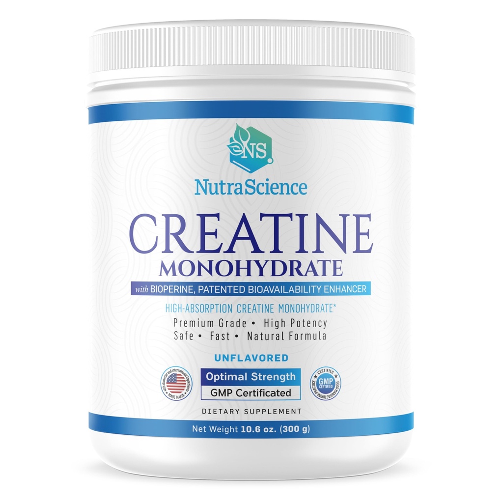 NutraScience Creatiini Monohydraatti Powder BioPerine, tukee lean lihasten kasvua ja hyödyntämistä, 60 tarjoilua, 5000mg per tarjoilu, makua, GMP sertifioitu, Vegaani ystävällinen, ei GMO