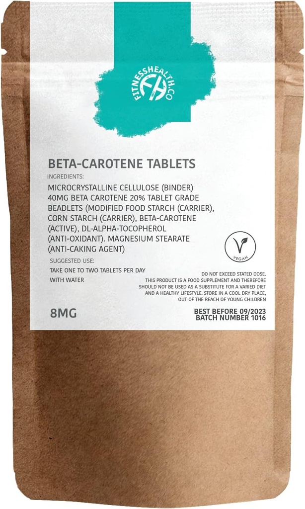 Fitness Health Beta-karoteeni 8MG 120 tablettia - puhdas A-vitamiinin lähde - Terve iho ja resistentti järjestelmä - Parkituskiihdytin - Gluteeniton & GMO-vapaa