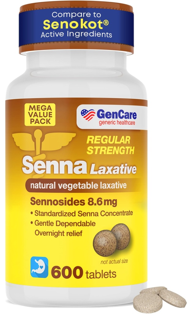 GenCare Senna Laxative 600 tabletter Senna 8.6mg tabletter med naturliga sennoider | Laxativa för förstoppning, uppblåsthet, gas och oregelbundenhet lättnad. Säker & effektiv | Generisk för Senokot