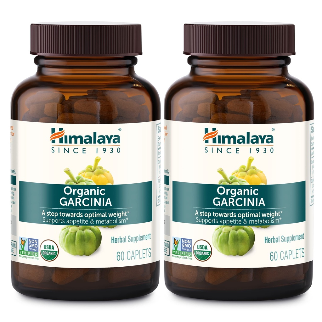 Himalaya Organic Garcinia Cambogia Herbal Supplement, ruokahalu tuki, lipidiaineenvaihdunta, painon tuki, USDA Organic, ei-GMO, Vegan, 600 mg, 60 Plant-Based Caplets, 2 pakkaus