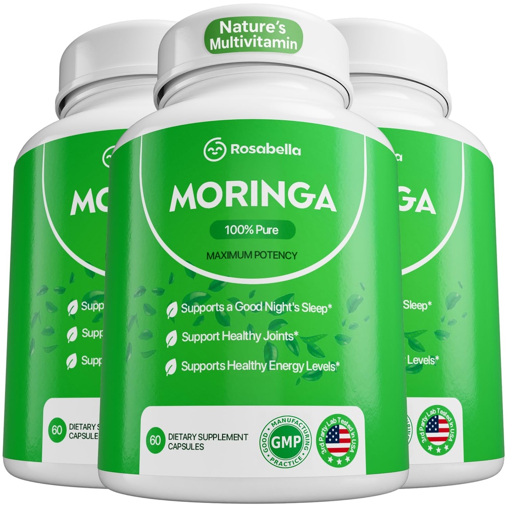 Rosabella Moringa Capsules - Pure Moringa Powder, Energy, Iho, Immuuni & Gut Health Superfood, Rikas antioksidantteja, Essential Vitamiinit & aminohapot, Natural Green Superfood Superfood Supplement - 180