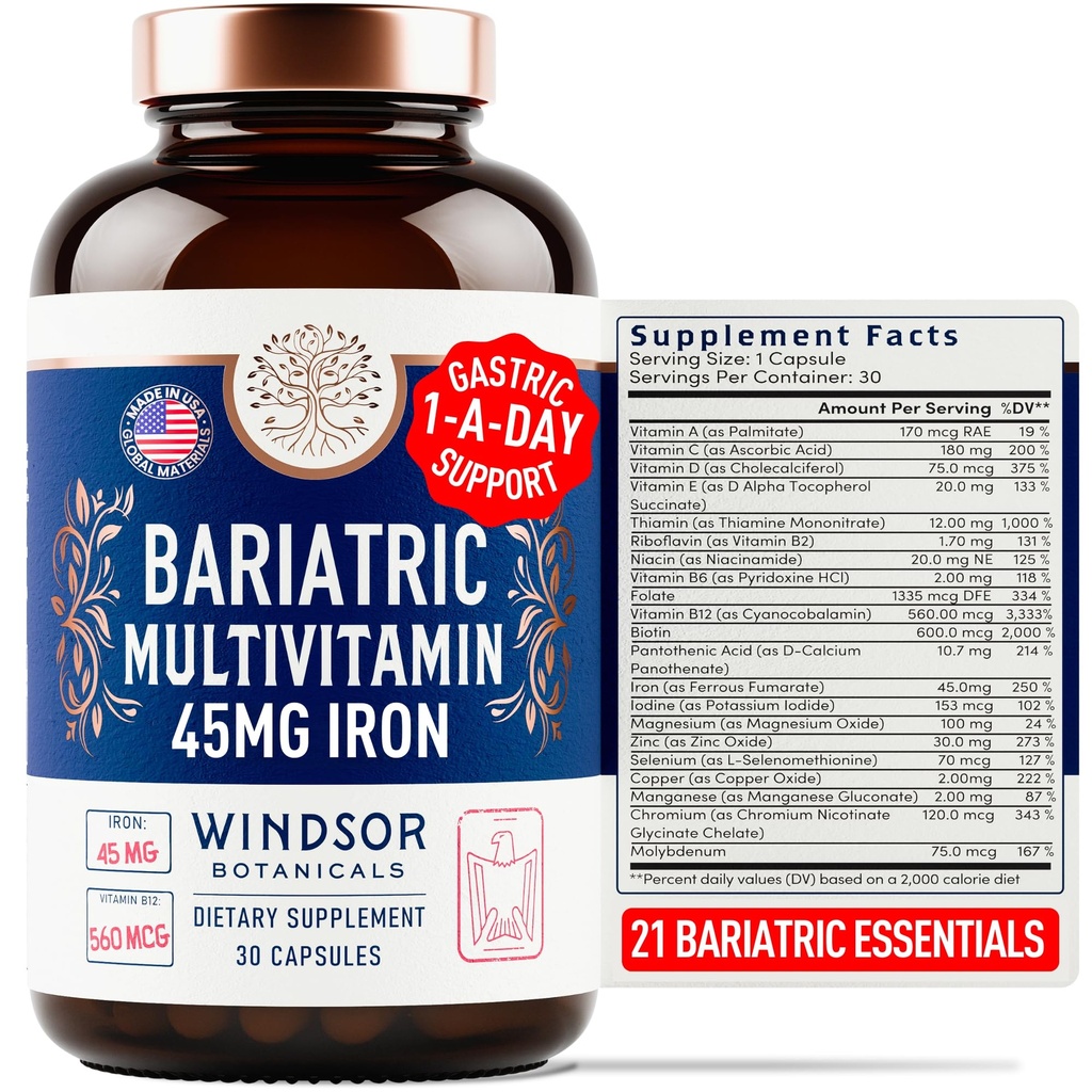 Bariatric monivitamiinia kanssa rauta - 45 mg Rauta Helppo niellä, Yksi päivä Bariatric vitamiineja naisille ja miehille - Mahalaukun ohitus, Mahalaukun hiha Recovery Vitamiini Multivitamiinit - 30 Caps