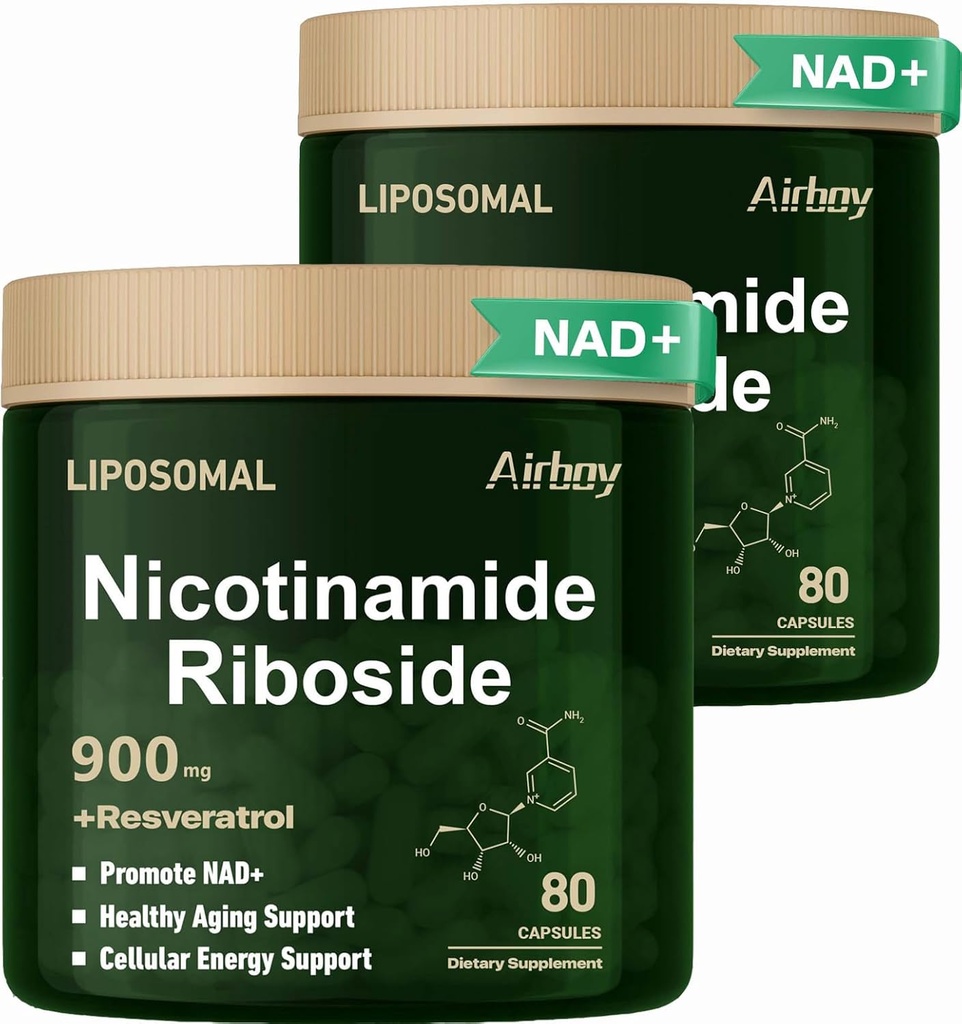 Airboy Liposomal Nicotinamide Riboside 900 mg, NAD Supplement med Resveratrol, NMN Alternative NAD Booster Support Anti-Aging, Energy, Focus - 80 Capsulesx 2 Pack