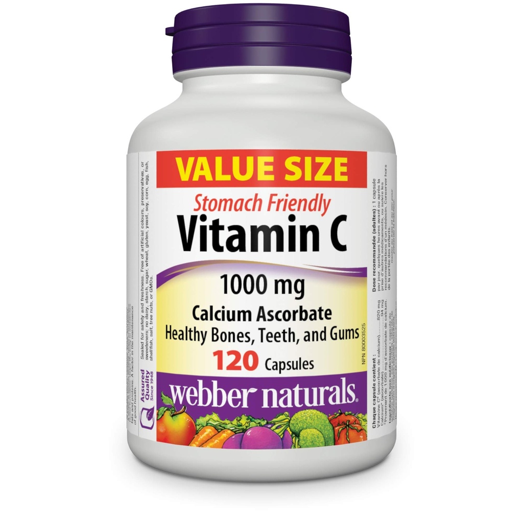 Webber Naturals C-vitamiini Kalsiumaskorbaatti 1000 mg · vatsaystävällinen, 120 kapselia