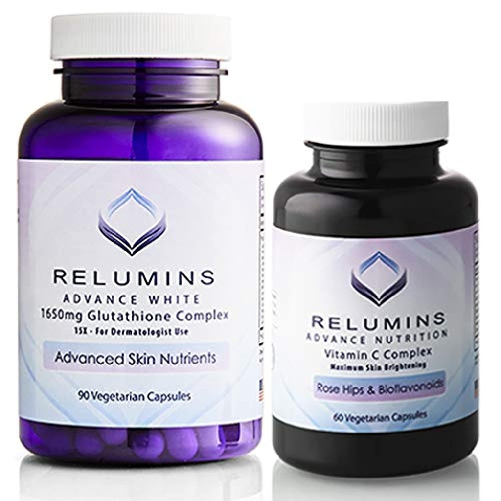 Alumiini Advanced White Set - 1650 mg Glutatione Complex (90 kapselia) ja Advanced C-vitamiinia Rose HIPS ja Bioflavonoidit (60 kapselia) Bundle