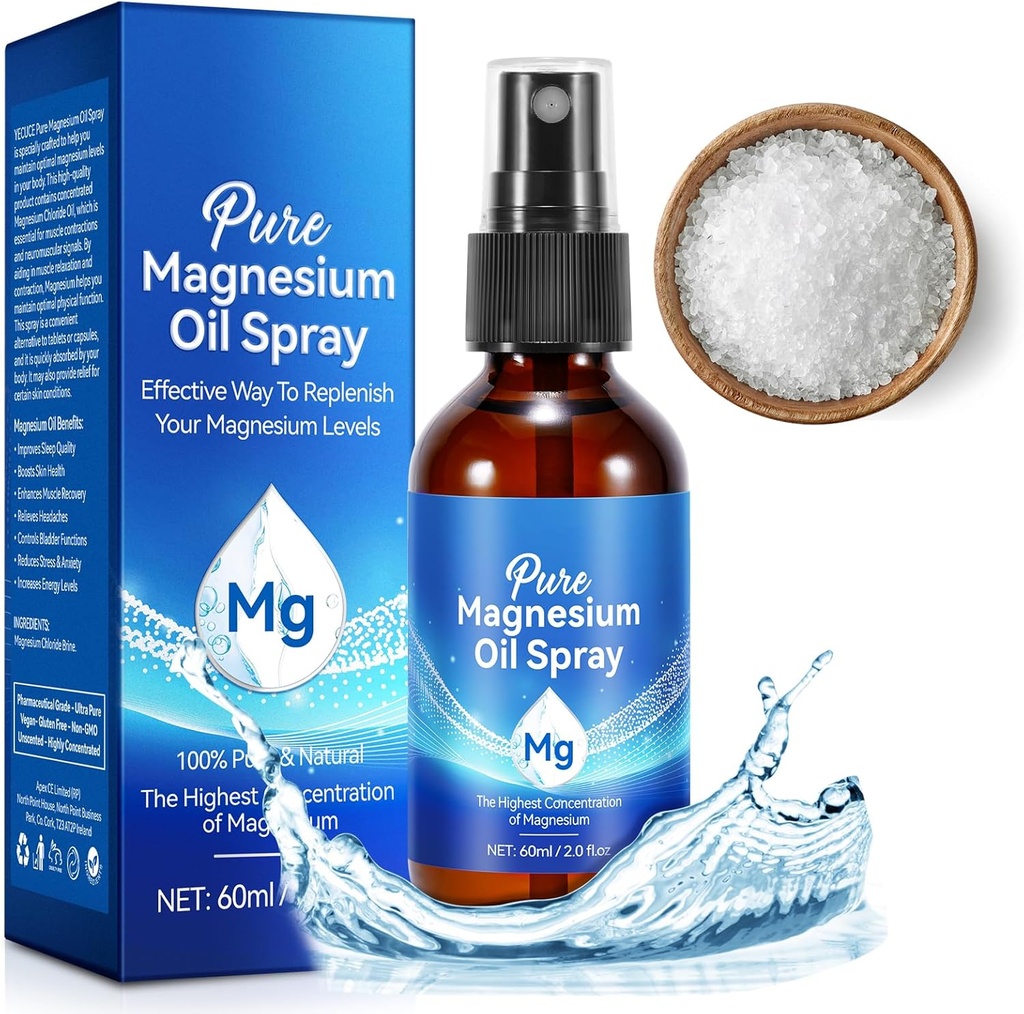 Magnesiumöljyruisku, puhdas magnesiumöljy jaloille,100% Luonnollinen ja orgaaninen magnesiumsumute lasipullo, helppo imeytyä ja käyttää, paikallinen magnesiumsumute (2 Fl Oz, pakkaus 1)
